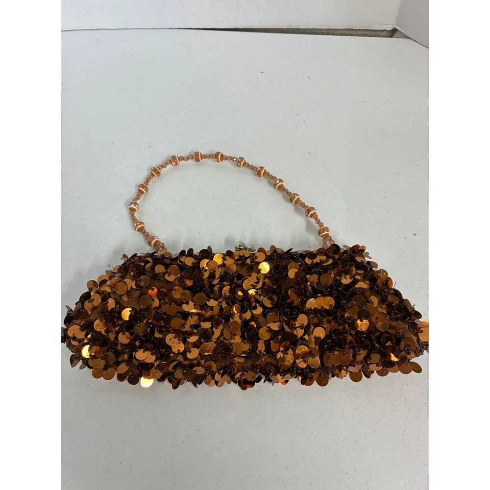 Vintage Copper Sequin Evening Clutch Bag Beaded Handle Bronze Kiss Lock Bag